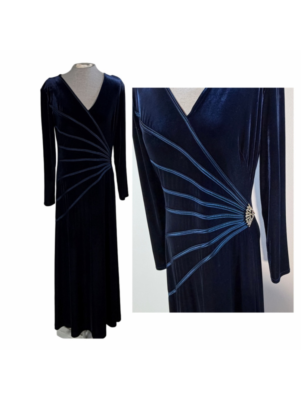 Vintage Joseph Ribkoff Blue Velvet Maxi Dress Ruched Rhinestone Women’s Size 12